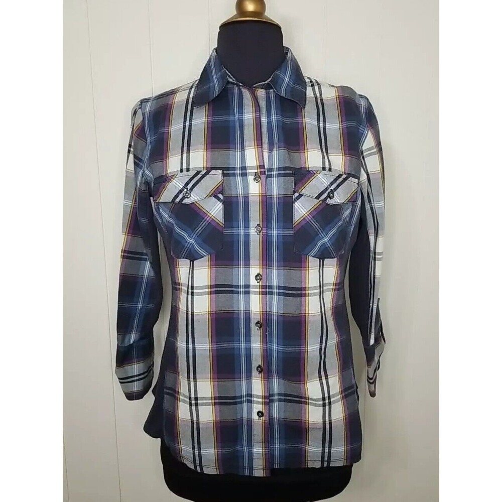 Zac & Rachel Women's Size L Blue White Plaid Stretchy Button Up Shirt
